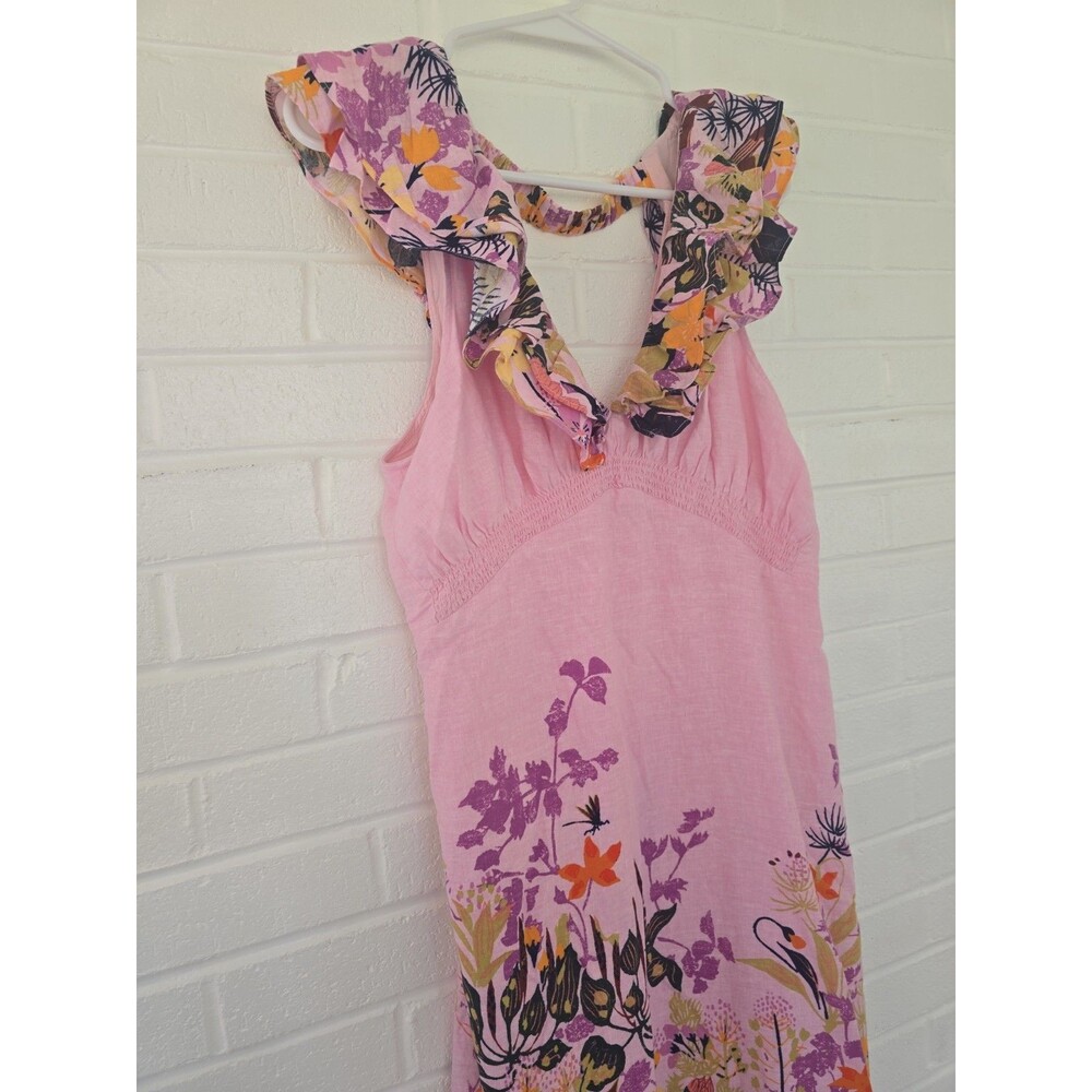 ANTHROPOLOGIE V-Neck Ruffle Linen Viscose Dress Size Large Pink Blue Floral - Picture 3 of 12